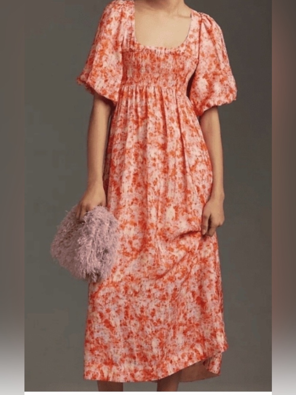 Anthropologie Orange and Cream Smocked Midi Dress